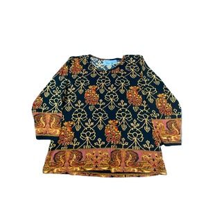 Jane Ashley Womens Large Boho Floral Top Black Beaded 3/4 Sleeve Blouse Cotton